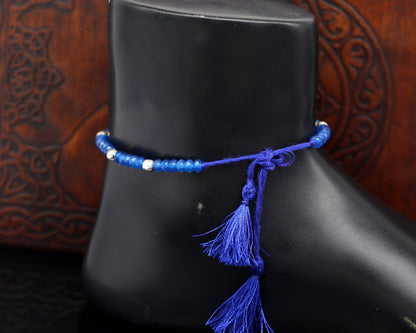Fabulous Threads anklet with semi-precious blue stones and 925 silver beads, custom-made modern beaded jewelry by Tribal Ornaments