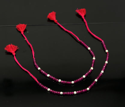 Fabulous Threads anklet with semi-precious ruby stones and 925 silver beads, handcrafted modern beaded jewelry ankle bracelet