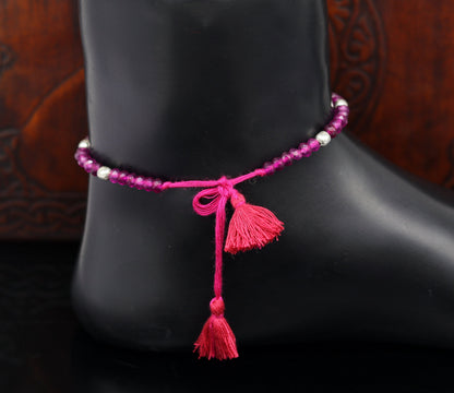 Semi-precious ruby stone and 925 silver beads on a custom-made Anklets by Tribal Ornaments, modern beaded jewelry ankle bracelet.