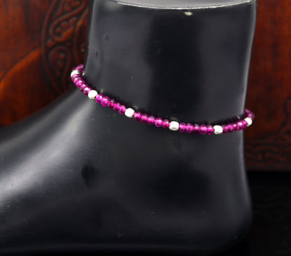Fabulous Threads anklet with semi-precious ruby stones and 925 silver beads, custom-made beaded jewelry ankle bracelet.