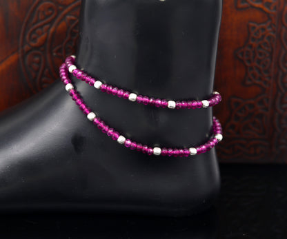 Fabulous Threads anklet with semi-precious ruby stones and 925 silver beads, handcrafted modern beaded jewelry ankle bracelet.