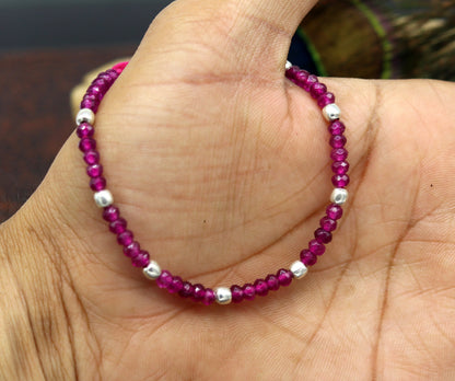 Fabulous Threads anklet with semi-precious ruby stones and 925 silver beads, handcrafted tribal beaded jewelry for ankles.
