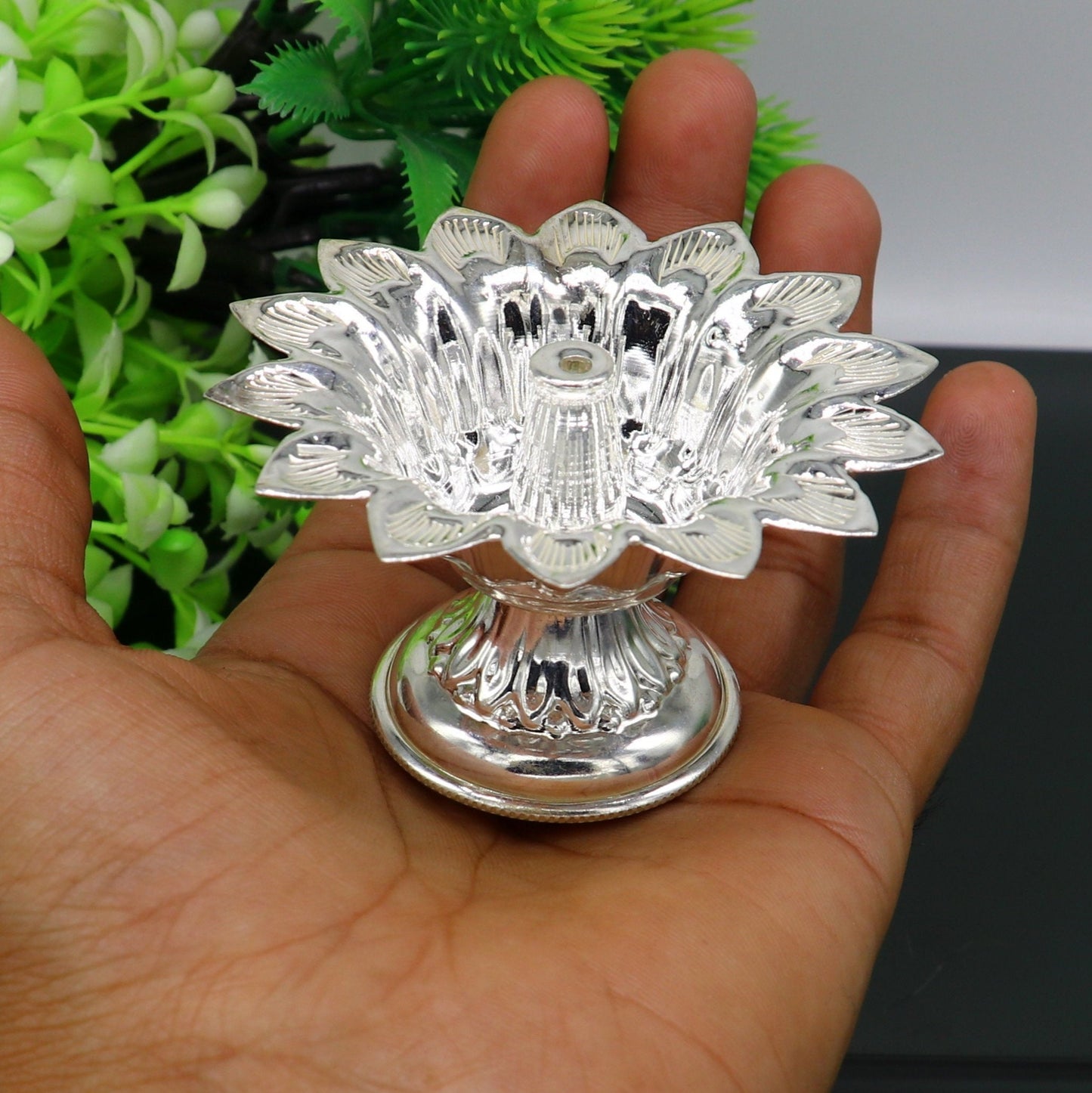Fine 999 silver handmade flower shape oil lamp, silver temple utensils, silver diya, deepak, silver vessels, silver art decorative art su174 - TRIBAL ORNAMENTS