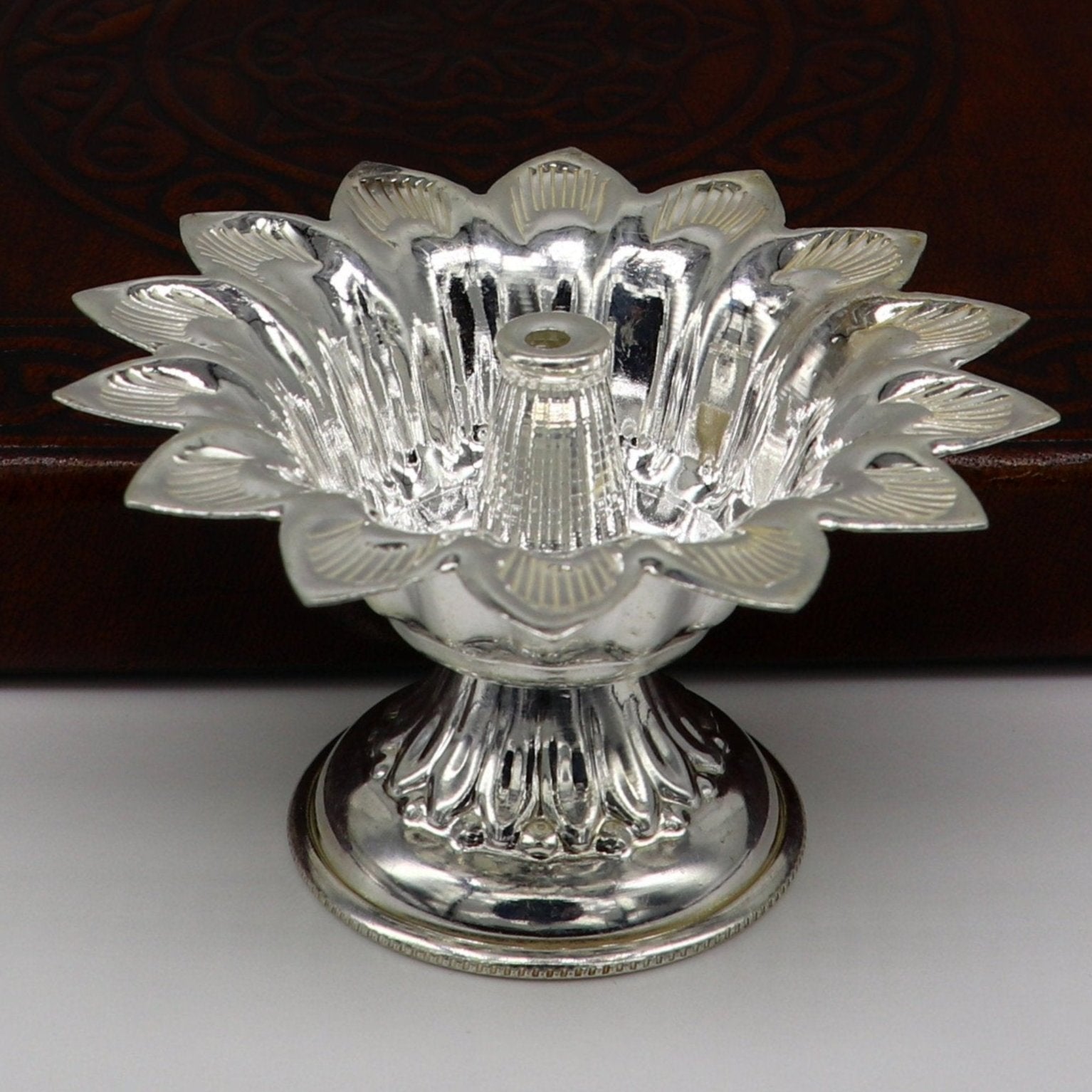 Fine 999 silver handmade flower shape oil lamp, silver temple utensils, silver diya, deepak, silver vessels, silver art decorative art su174 - TRIBAL ORNAMENTS