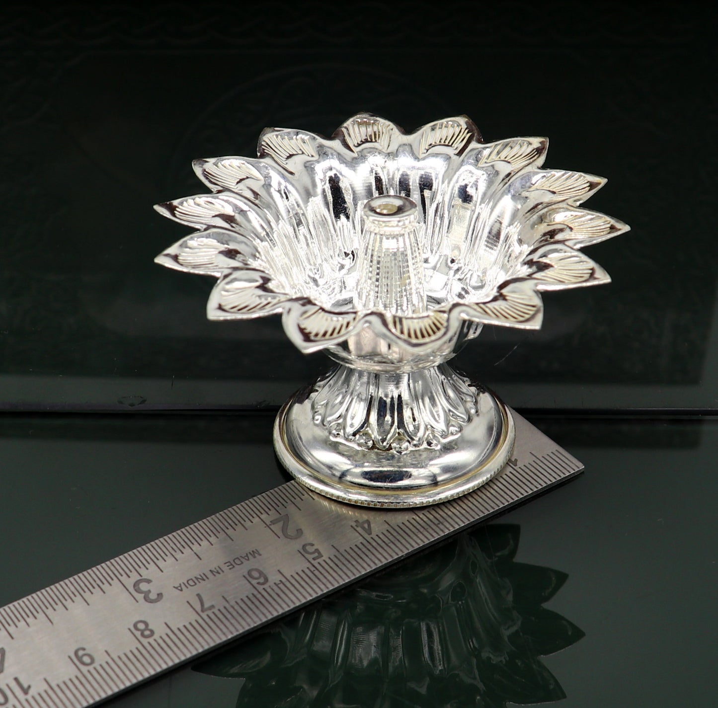 Fine 999 silver handmade flower shape oil lamp, silver temple utensils, silver diya, deepak, silver vessels, silver art decorative art su175 - TRIBAL ORNAMENTS