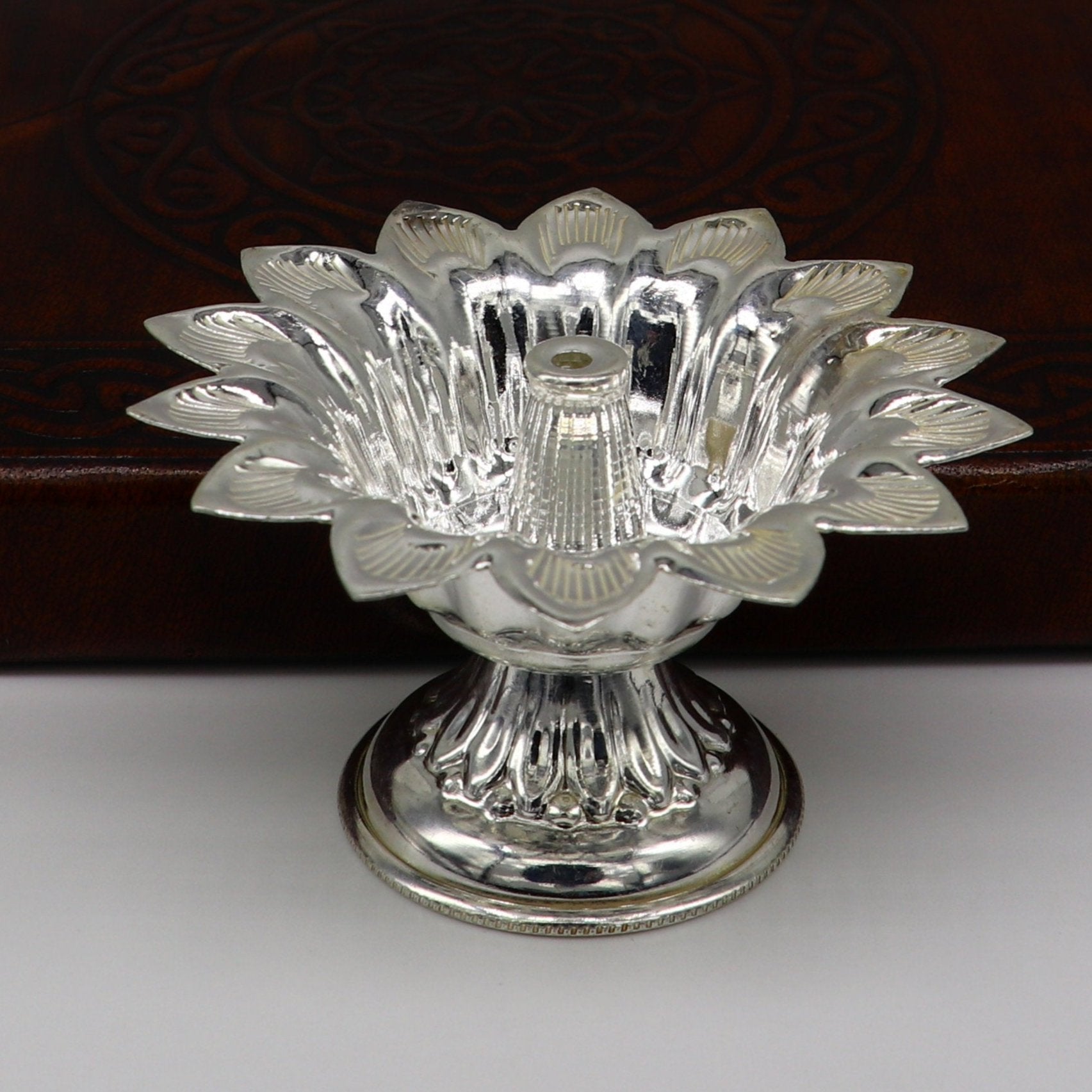 Fine 999 silver handmade flower shape oil lamp, silver temple utensils, silver diya, deepak, silver vessels, silver art decorative art su175 - TRIBAL ORNAMENTS