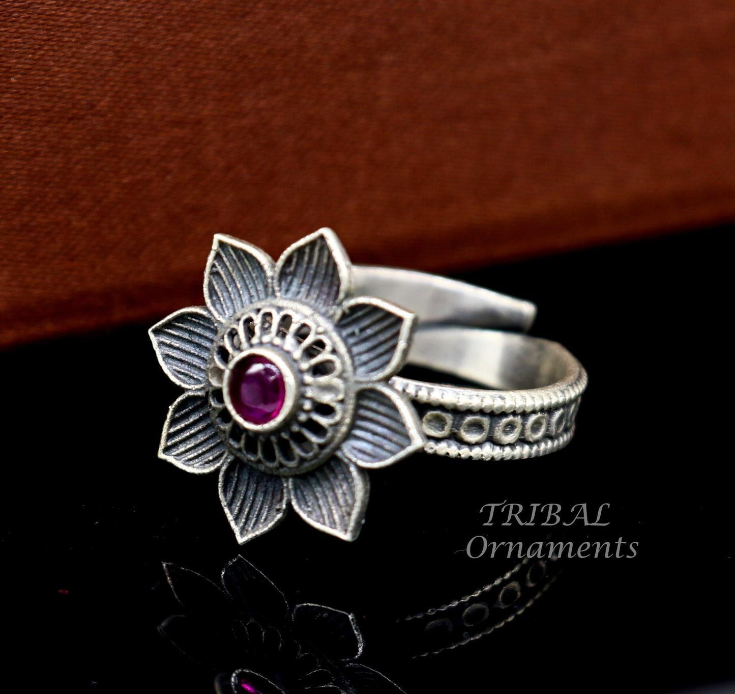 floral design 925 sterling solid silver fabulous craftsmanship vintage design tribal adjustable ring band for women Rajasthan India SR333 - TRIBAL ORNAMENTS
