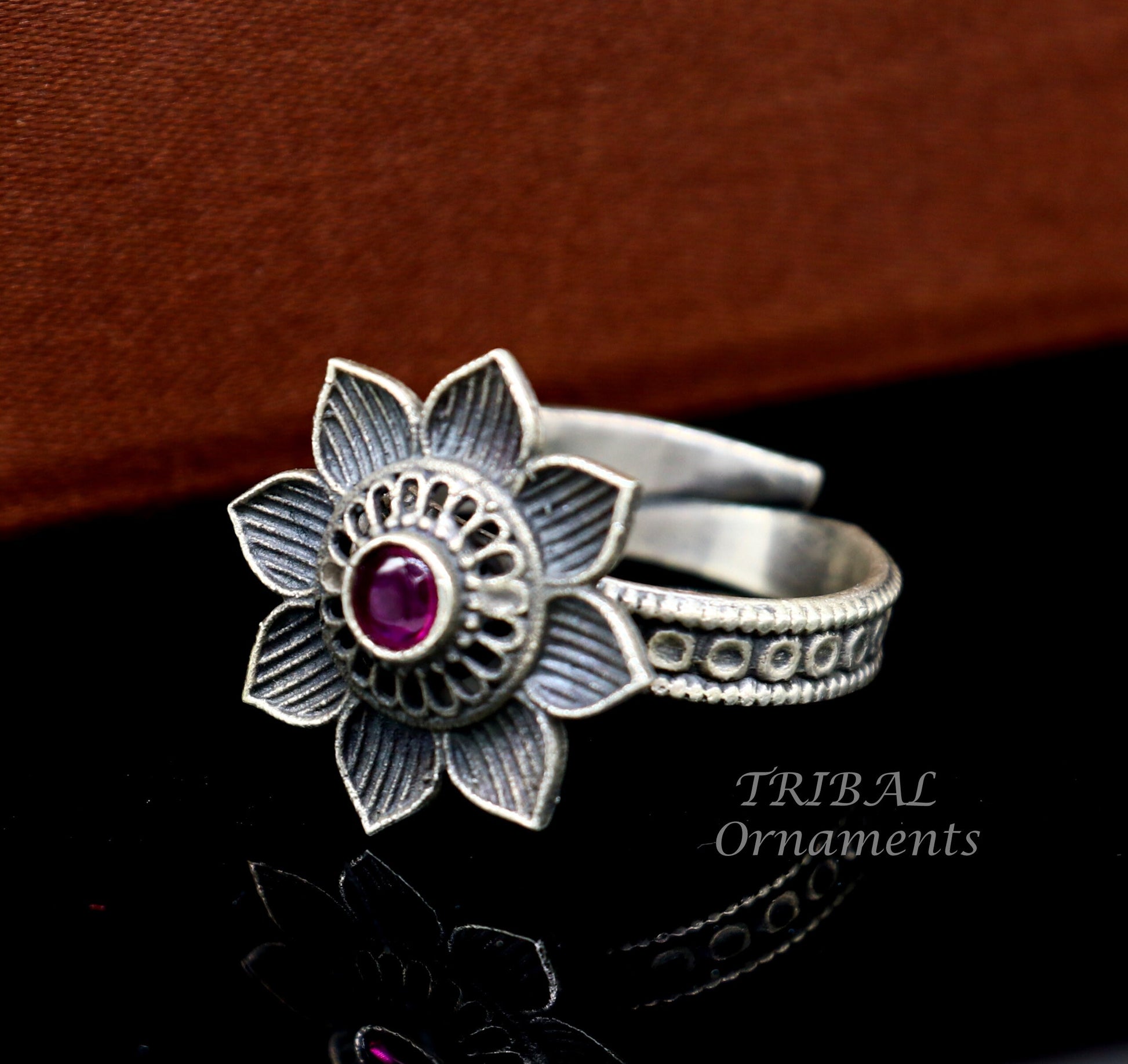 floral design 925 sterling solid silver fabulous craftsmanship vintage design tribal adjustable ring band for women Rajasthan India SR333 - TRIBAL ORNAMENTS