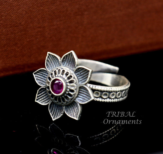 floral design 925 sterling solid silver fabulous craftsmanship vintage design tribal adjustable ring band for women Rajasthan India SR333 - TRIBAL ORNAMENTS