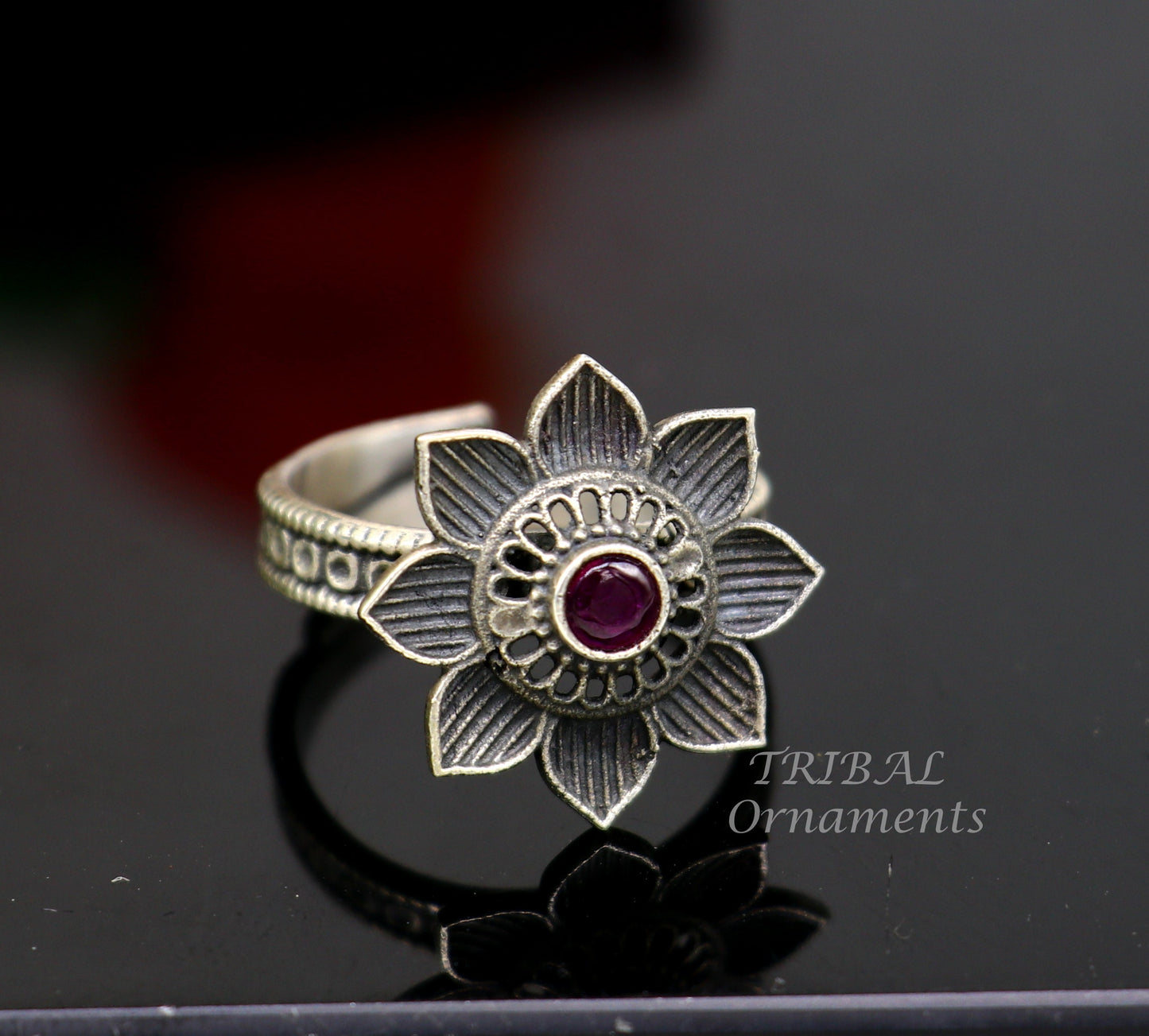 floral design 925 sterling solid silver fabulous craftsmanship vintage design tribal adjustable ring band for women Rajasthan India SR333 - TRIBAL ORNAMENTS
