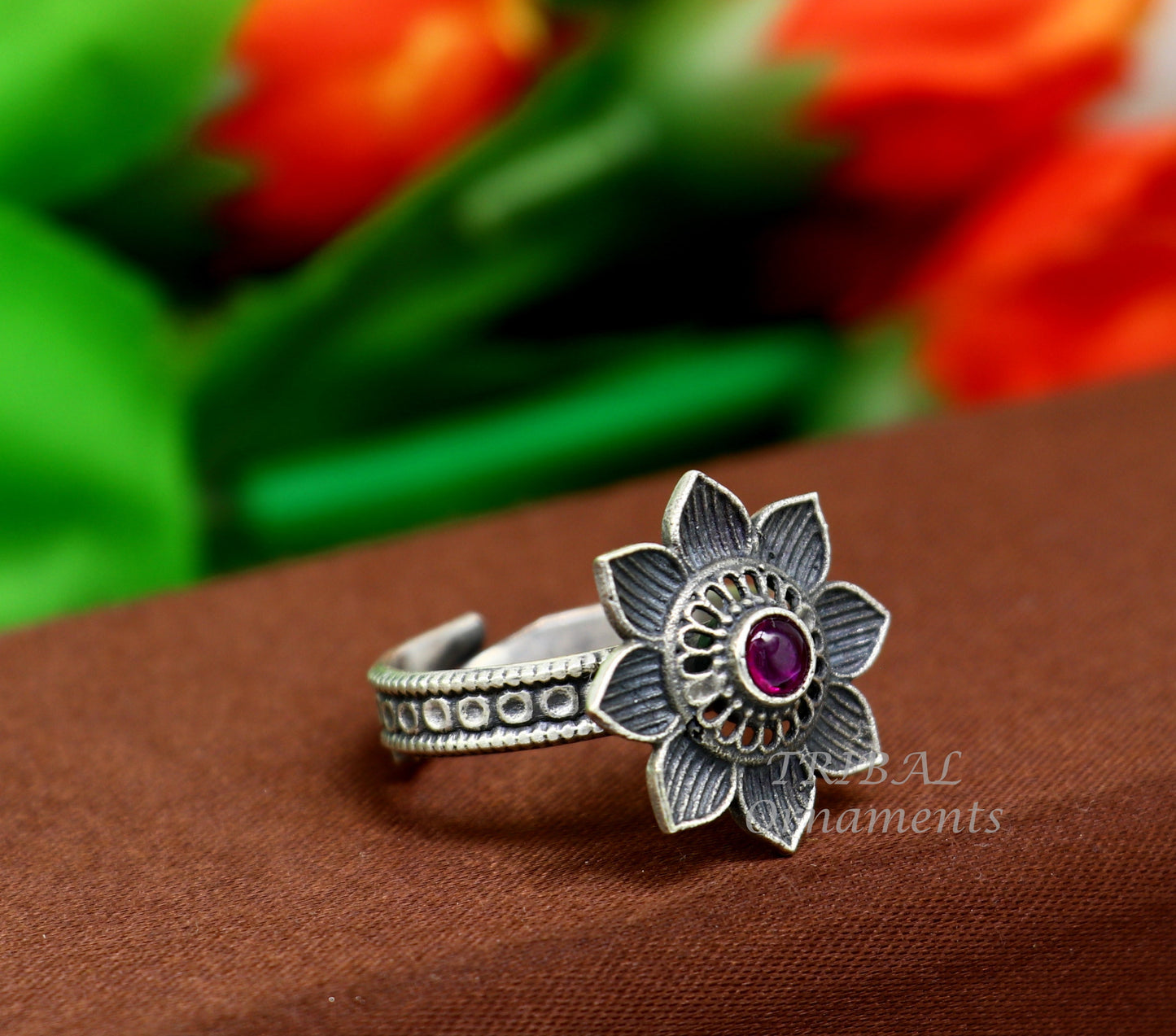floral design 925 sterling solid silver fabulous craftsmanship vintage design tribal adjustable ring band for women Rajasthan India SR333 - TRIBAL ORNAMENTS
