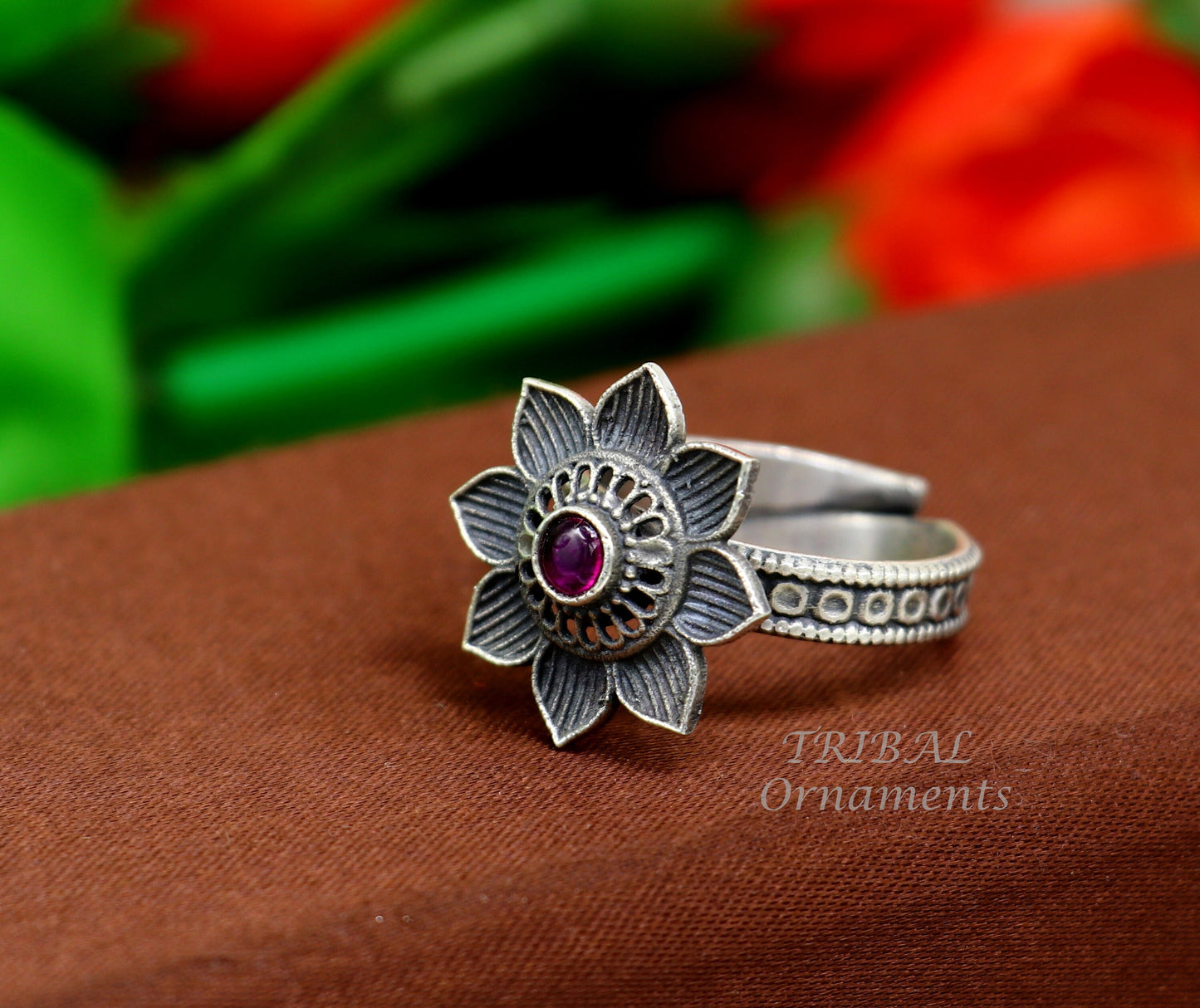 floral design 925 sterling solid silver fabulous craftsmanship vintage design tribal adjustable ring band for women Rajasthan India SR333 - TRIBAL ORNAMENTS