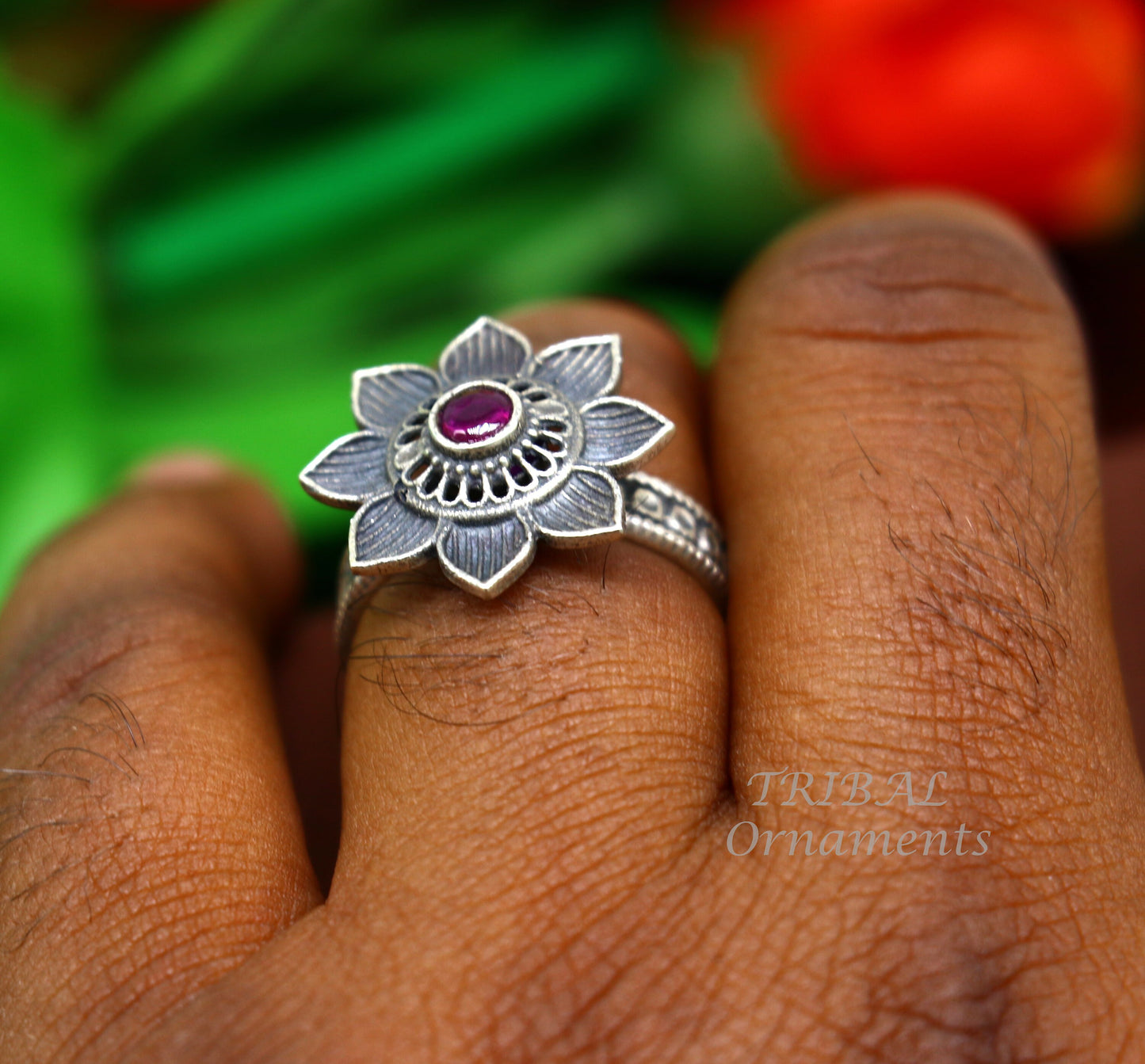 floral design 925 sterling solid silver fabulous craftsmanship vintage design tribal adjustable ring band for women Rajasthan India SR333 - TRIBAL ORNAMENTS