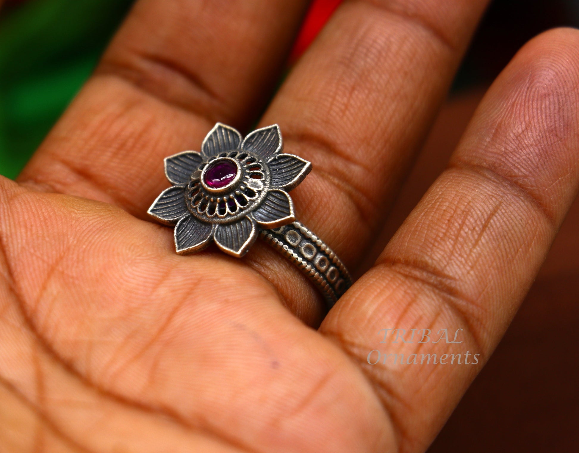 floral design 925 sterling solid silver fabulous craftsmanship vintage design tribal adjustable ring band for women Rajasthan India SR333 - TRIBAL ORNAMENTS