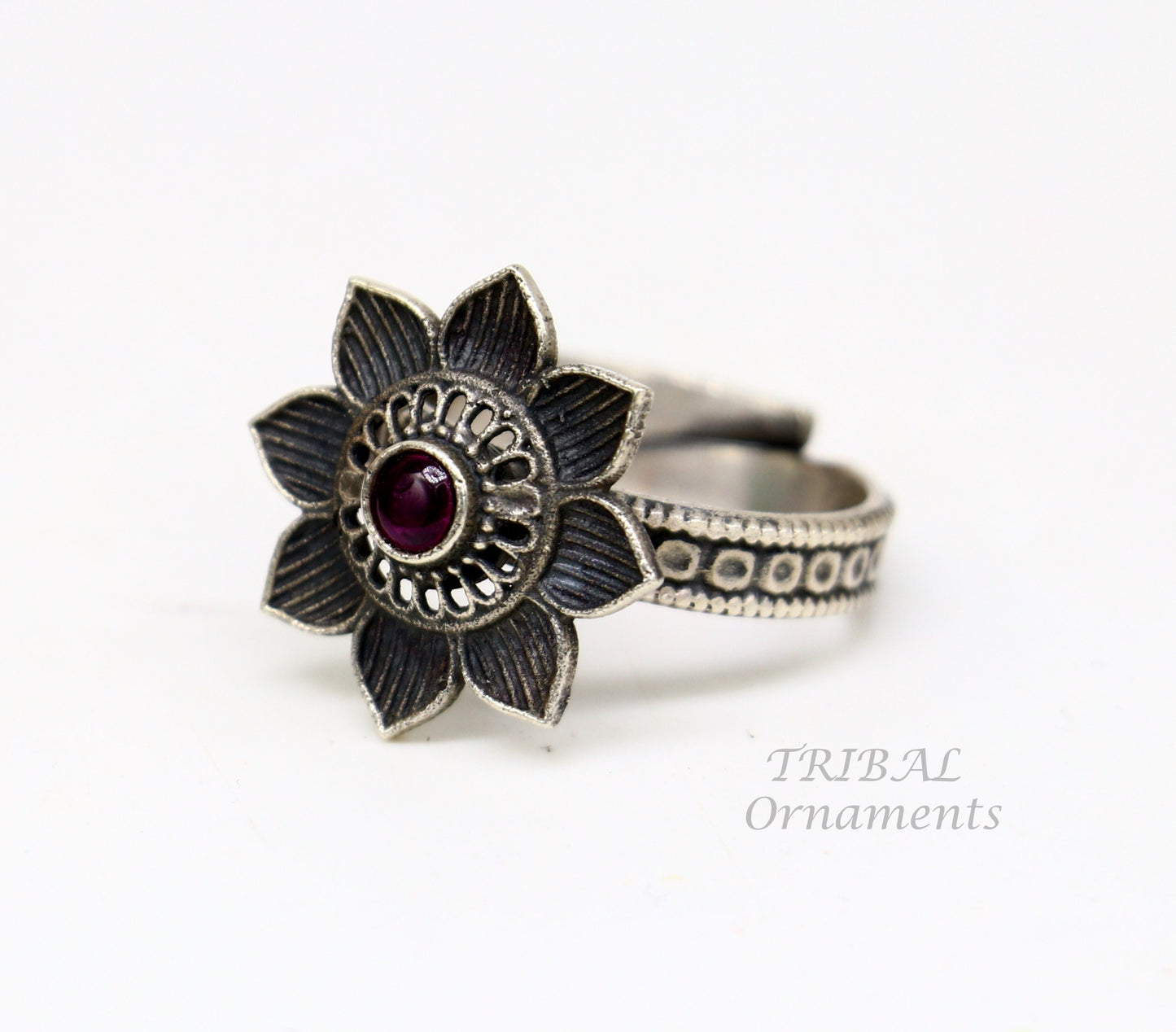 floral design 925 sterling solid silver fabulous craftsmanship vintage design tribal adjustable ring band for women Rajasthan India SR333 - TRIBAL ORNAMENTS