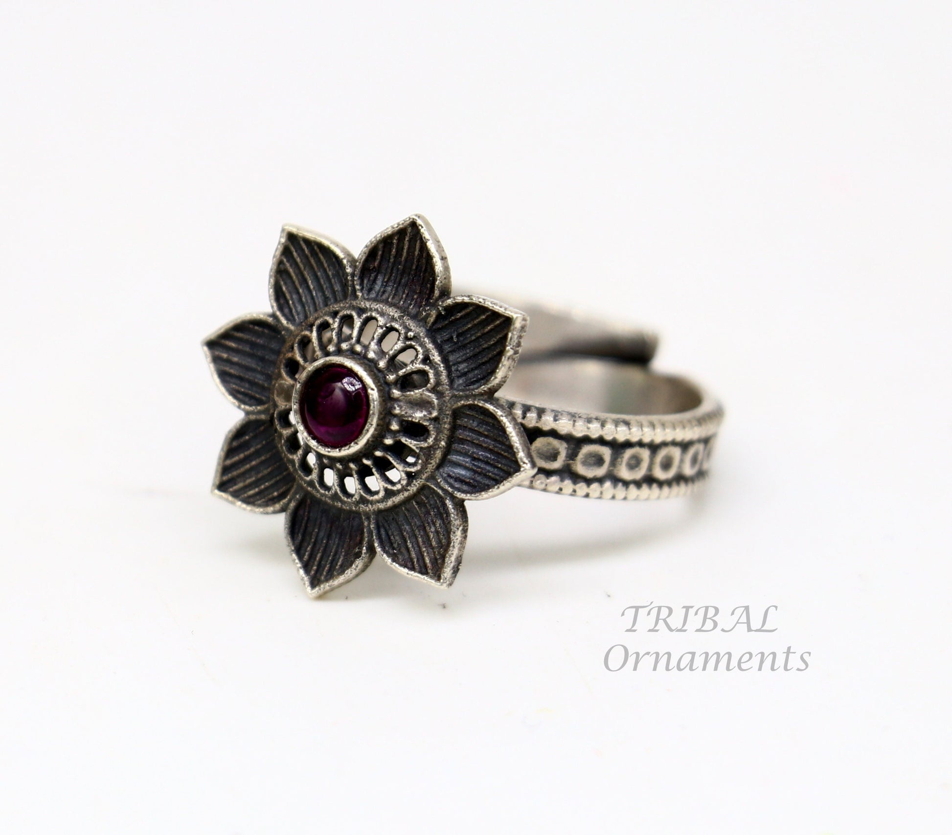 floral design 925 sterling solid silver fabulous craftsmanship vintage design tribal adjustable ring band for women Rajasthan India SR333 - TRIBAL ORNAMENTS