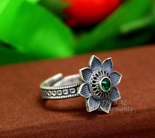 floral design 925 sterling solid silver fabulous craftsmanship vintage design tribal adjustable ring band for women Rajasthan India SR334 - TRIBAL ORNAMENTS