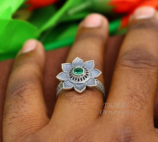 floral design 925 sterling solid silver fabulous craftsmanship vintage design tribal adjustable ring band for women Rajasthan India SR334 - TRIBAL ORNAMENTS
