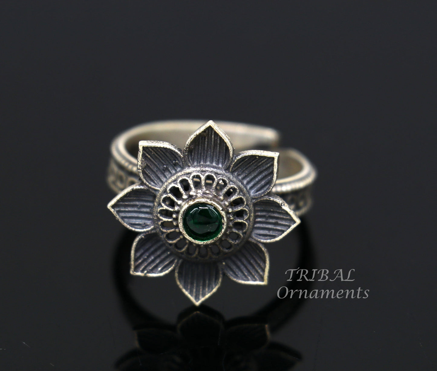 floral design 925 sterling solid silver fabulous craftsmanship vintage design tribal adjustable ring band for women Rajasthan India SR334 - TRIBAL ORNAMENTS