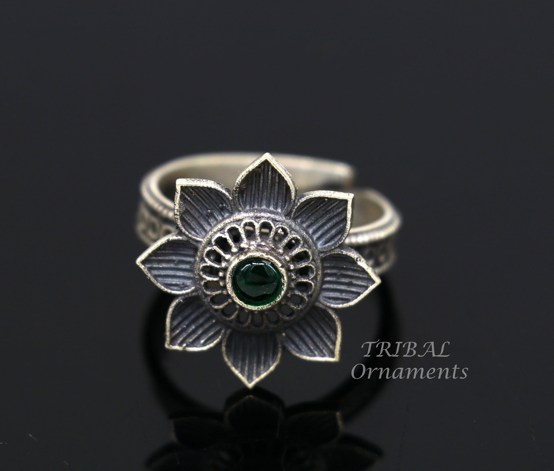 floral design 925 sterling solid silver fabulous craftsmanship vintage design tribal adjustable ring band for women Rajasthan India SR334 - TRIBAL ORNAMENTS