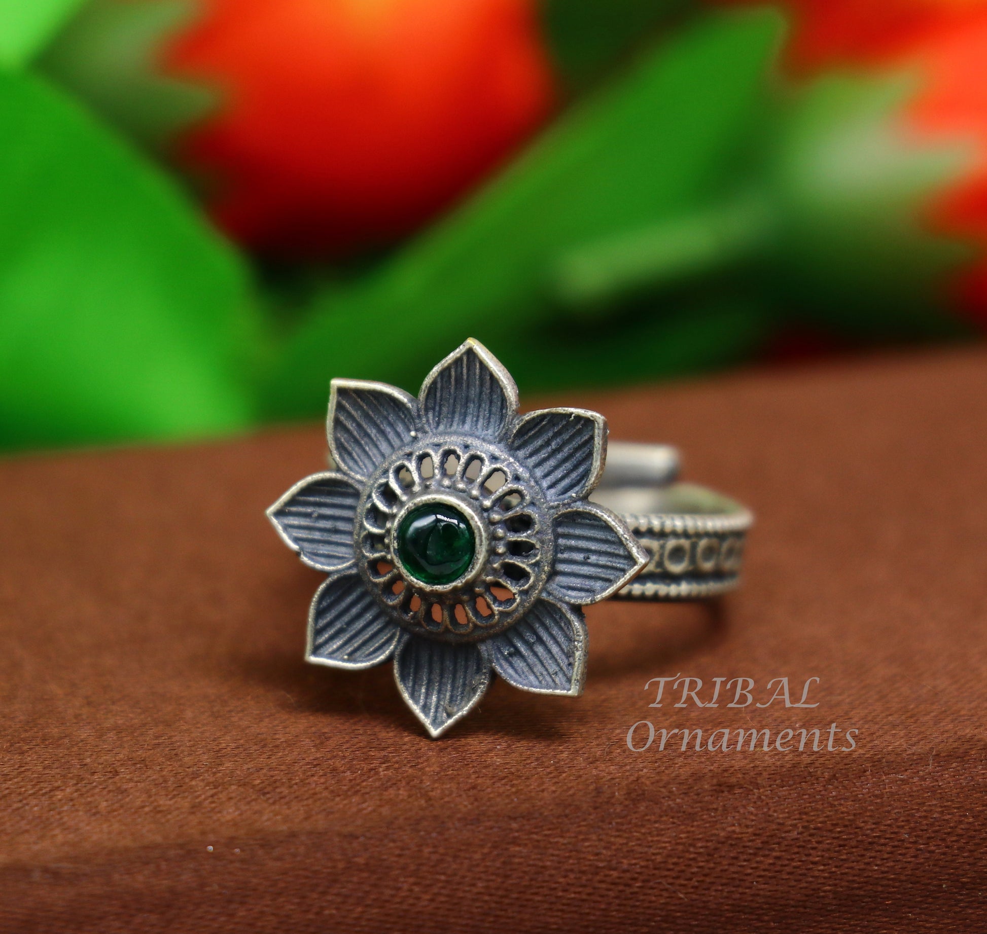 floral design 925 sterling solid silver fabulous craftsmanship vintage design tribal adjustable ring band for women Rajasthan India SR334 - TRIBAL ORNAMENTS
