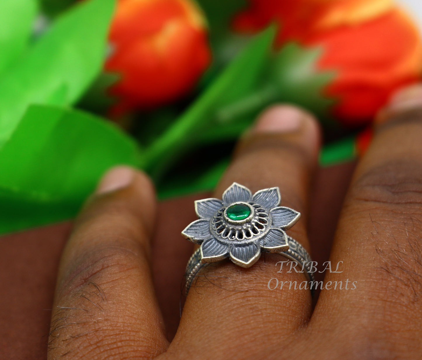 floral design 925 sterling solid silver fabulous craftsmanship vintage design tribal adjustable ring band for women Rajasthan India SR334 - TRIBAL ORNAMENTS