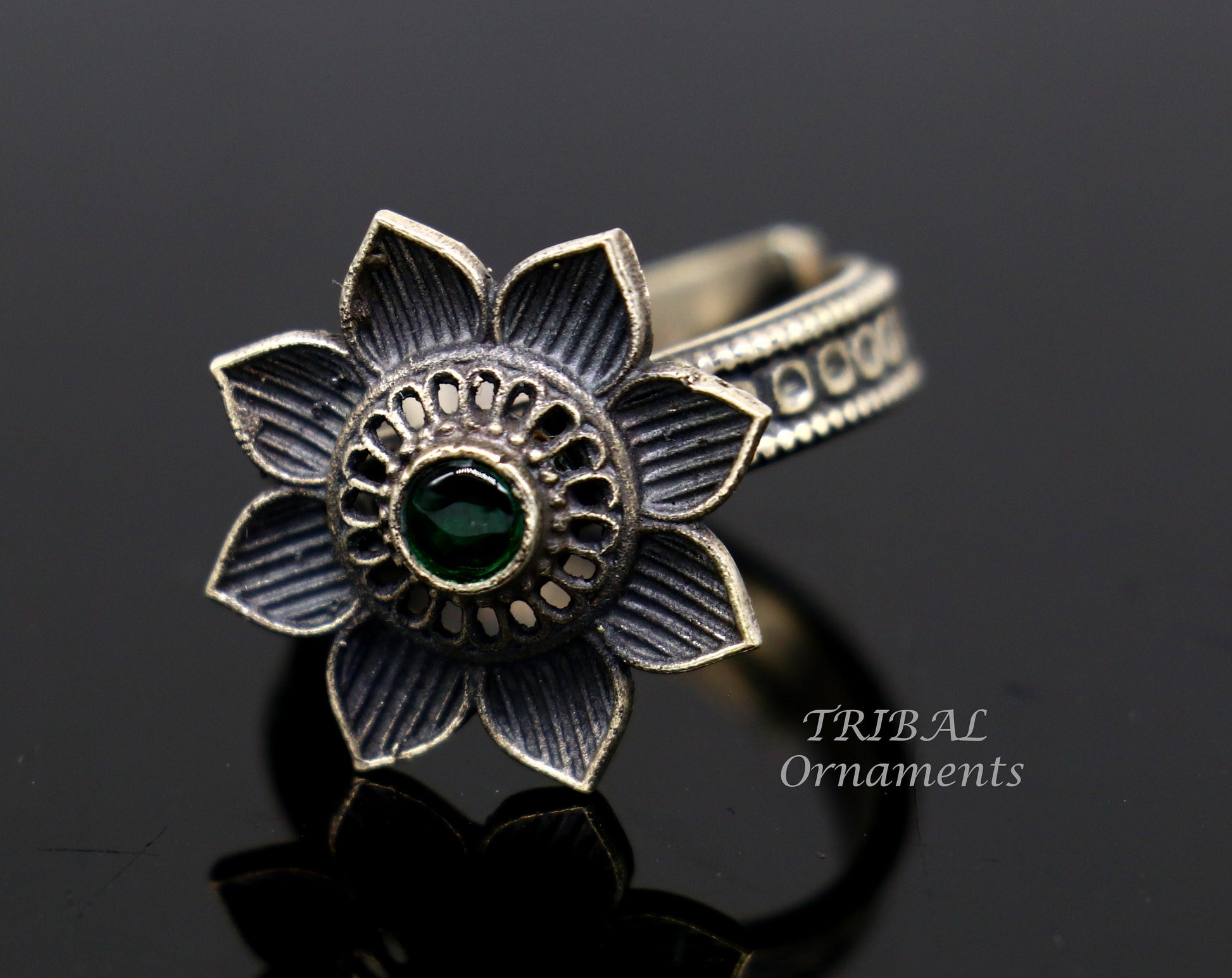 floral design 925 sterling solid silver fabulous craftsmanship vintage design tribal adjustable ring band for women Rajasthan India SR334 - TRIBAL ORNAMENTS