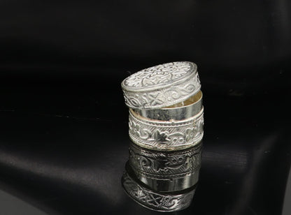 Silver flower design bridal queen style jewelry box by TRIBAL ORNAMENTS, small sterling silver trinket and jewelry container.