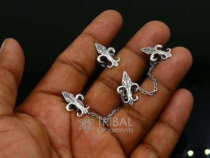 French Fleur de Lis design 925 Sterling Silver set of 4 kurta Buttons for Fashion Perfection silver cufflinks, cultural trendy jewelry btn39 - TRIBAL ORNAMENTS