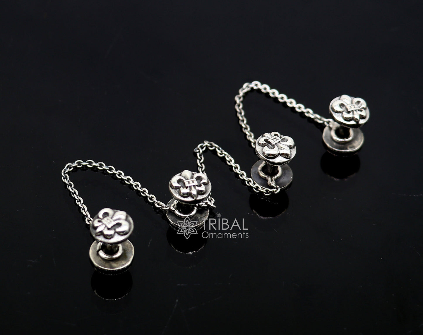 French Fleur de Lis design 925 Sterling Silver set of 4 kurta Buttons for Fashion Perfection silver cufflinks, cultural trendy jewelry btn40 - TRIBAL ORNAMENTS