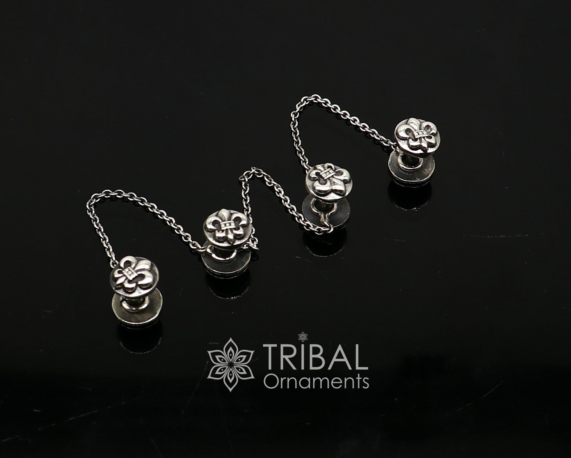 French Fleur de Lis design 925 Sterling Silver set of 4 kurta Buttons for Fashion Perfection silver cufflinks, cultural trendy jewelry btn40 - TRIBAL ORNAMENTS