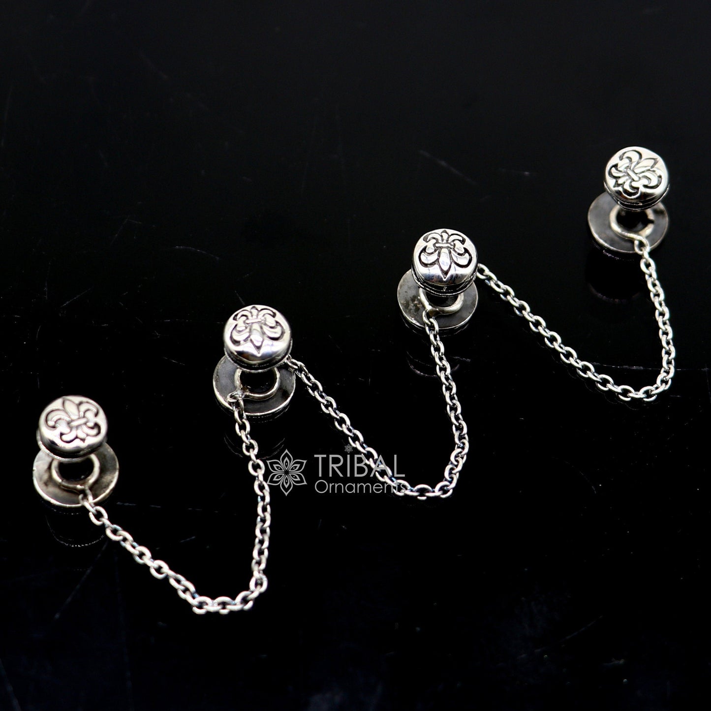 French Fleur de Lis design 925 Sterling Silver set of 4 kurta Buttons for Fashion Perfection silver cufflinks, cultural trendy jewelry btn41 - TRIBAL ORNAMENTS