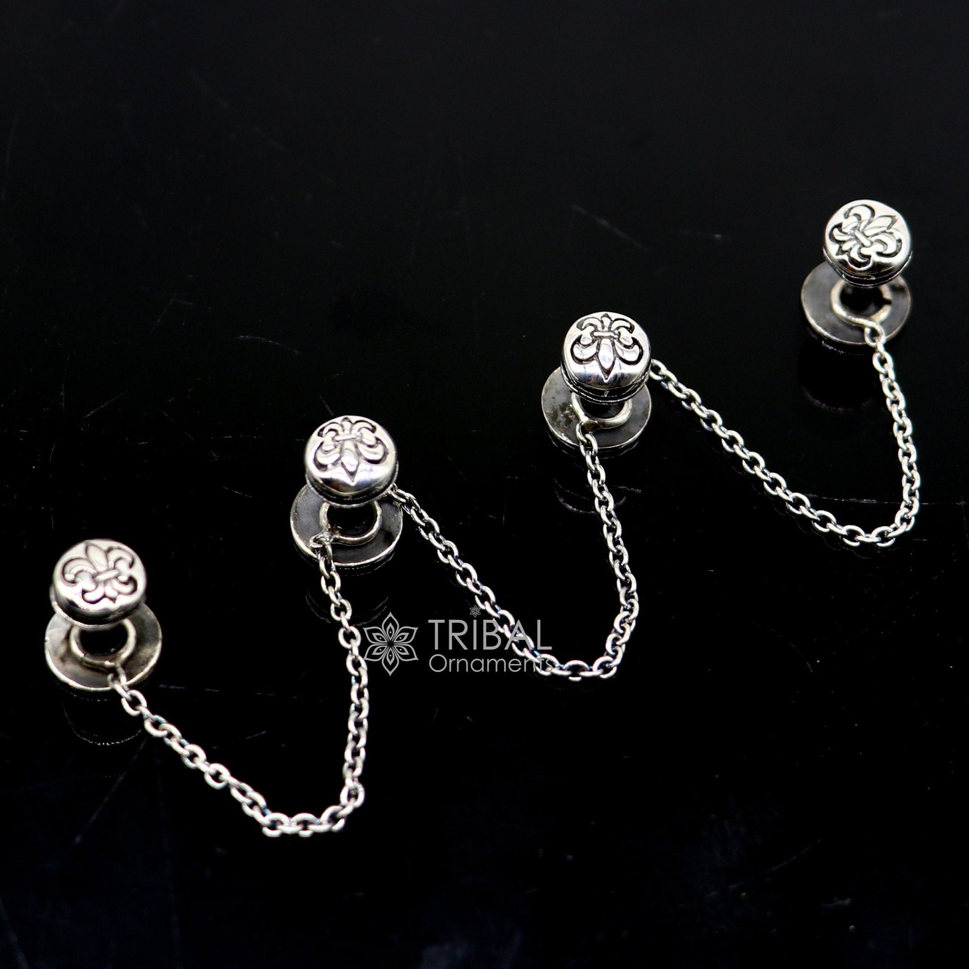 French Fleur de Lis design 925 Sterling Silver set of 4 kurta Buttons for Fashion Perfection silver cufflinks, cultural trendy jewelry btn41 - TRIBAL ORNAMENTS