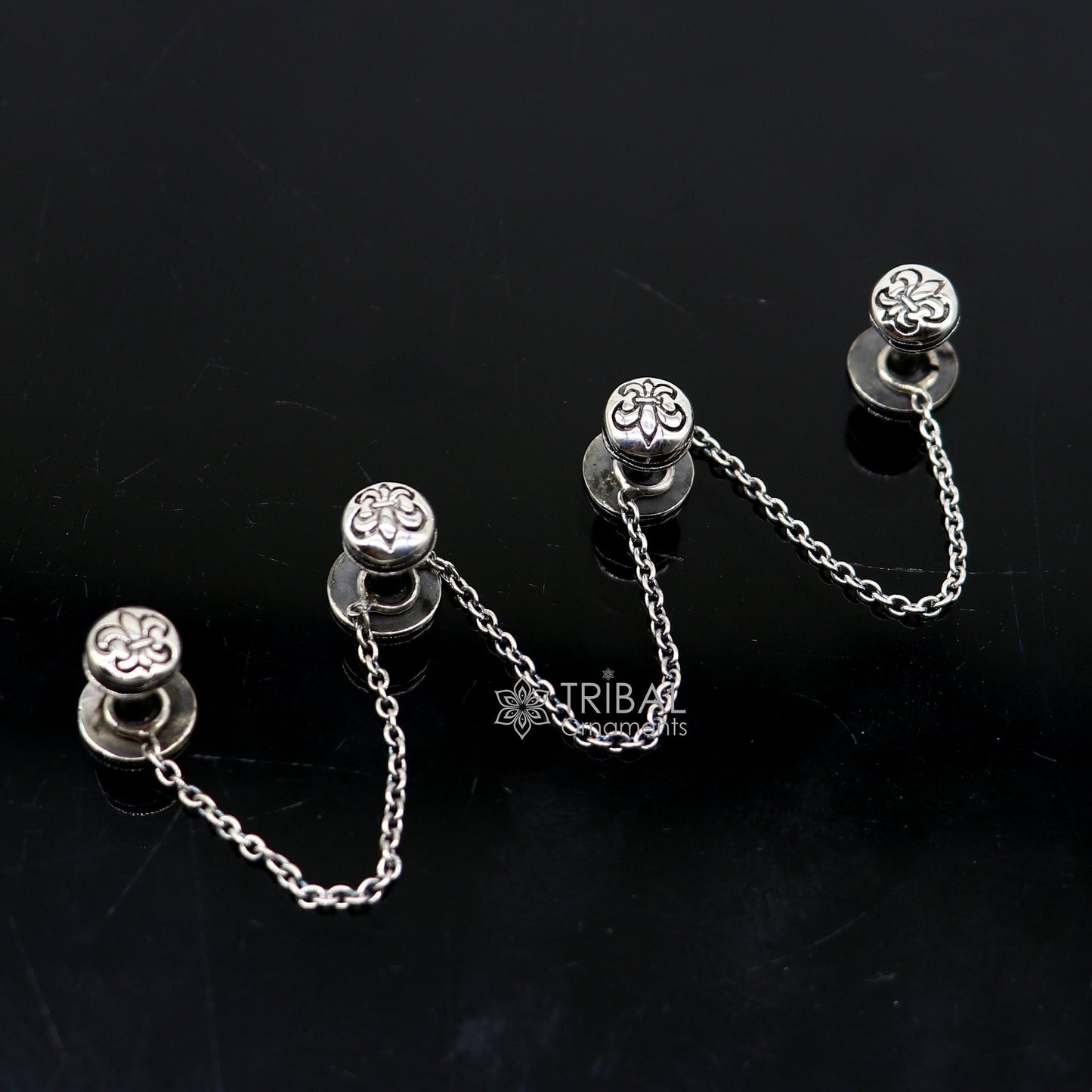 French Fleur de Lis design 925 Sterling Silver set of 4 kurta Buttons for Fashion Perfection silver cufflinks, cultural trendy jewelry btn41 - TRIBAL ORNAMENTS