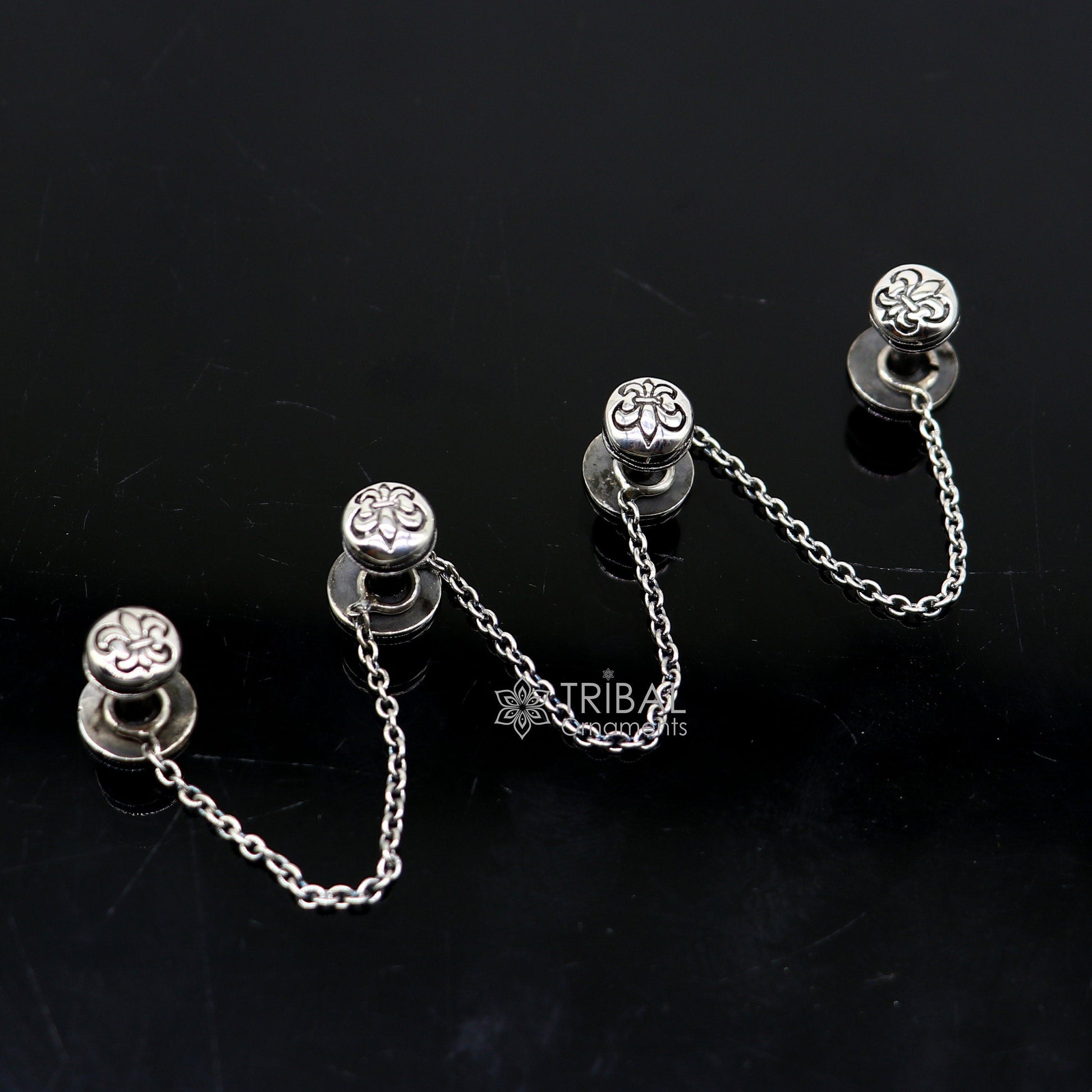 French Fleur de Lis design 925 Sterling Silver set of 4 kurta Buttons for Fashion Perfection silver cufflinks, cultural trendy jewelry btn41 - TRIBAL ORNAMENTS