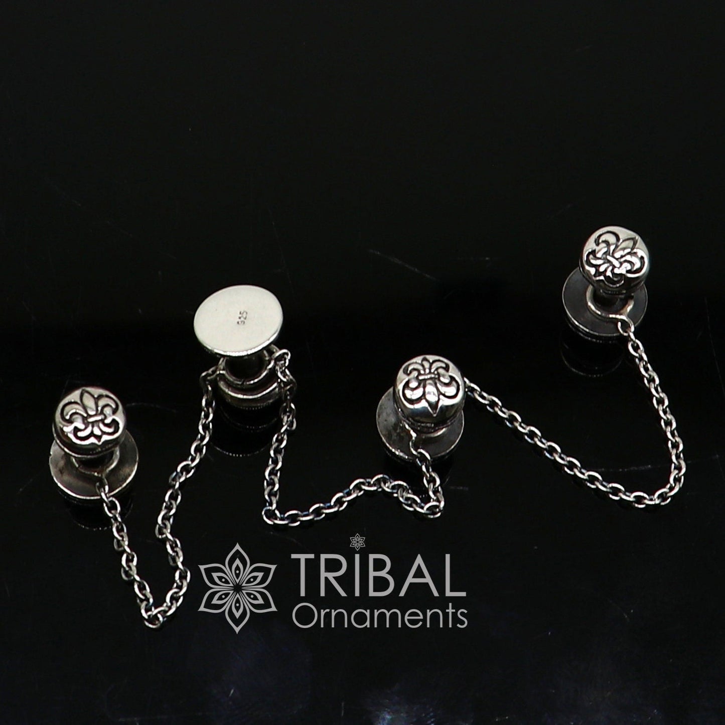 French Fleur de Lis design 925 Sterling Silver set of 4 kurta Buttons for Fashion Perfection silver cufflinks, cultural trendy jewelry btn41 - TRIBAL ORNAMENTS