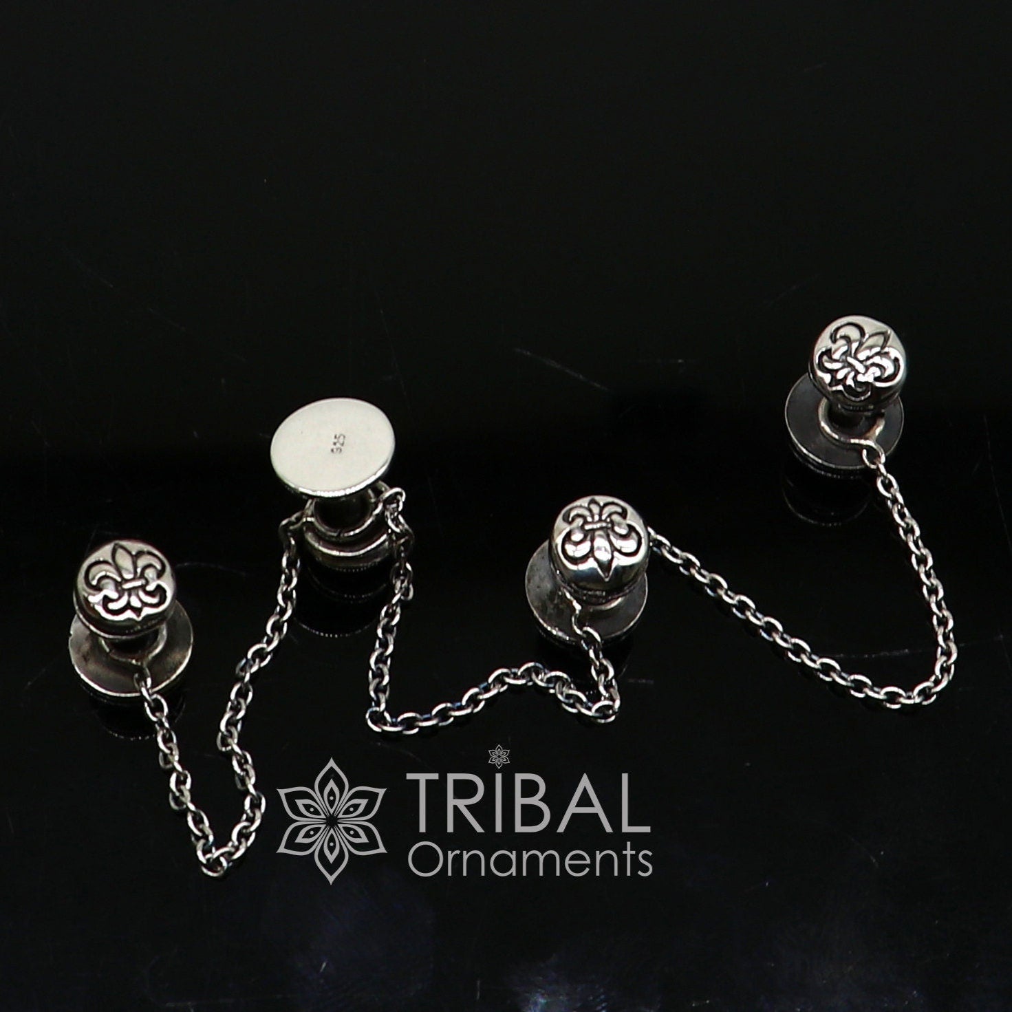 French Fleur de Lis design 925 Sterling Silver set of 4 kurta Buttons for Fashion Perfection silver cufflinks, cultural trendy jewelry btn41 - TRIBAL ORNAMENTS