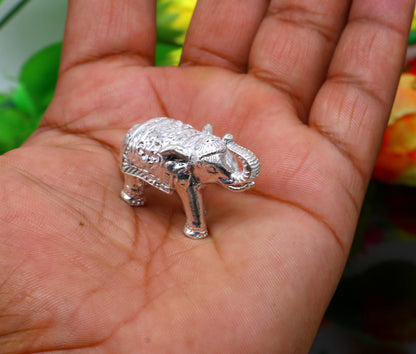 Solid 925 Sterling silver elephant statue, detailed figurine symbolizing wealth and prosperity, ideal for gifting or puja rituals.