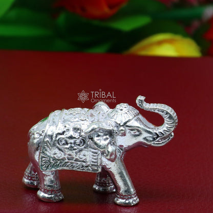 Solid 925 sterling silver elephant figurine sculpture by Tribal Ornaments, detailed decorative statue symbolizing wealth and prosperity.