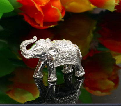 Solid 925 Sterling silver elephant figurine sculpture by TRIBAL ORNAMENTS, detailed decorative statue for wealth and prosperity.