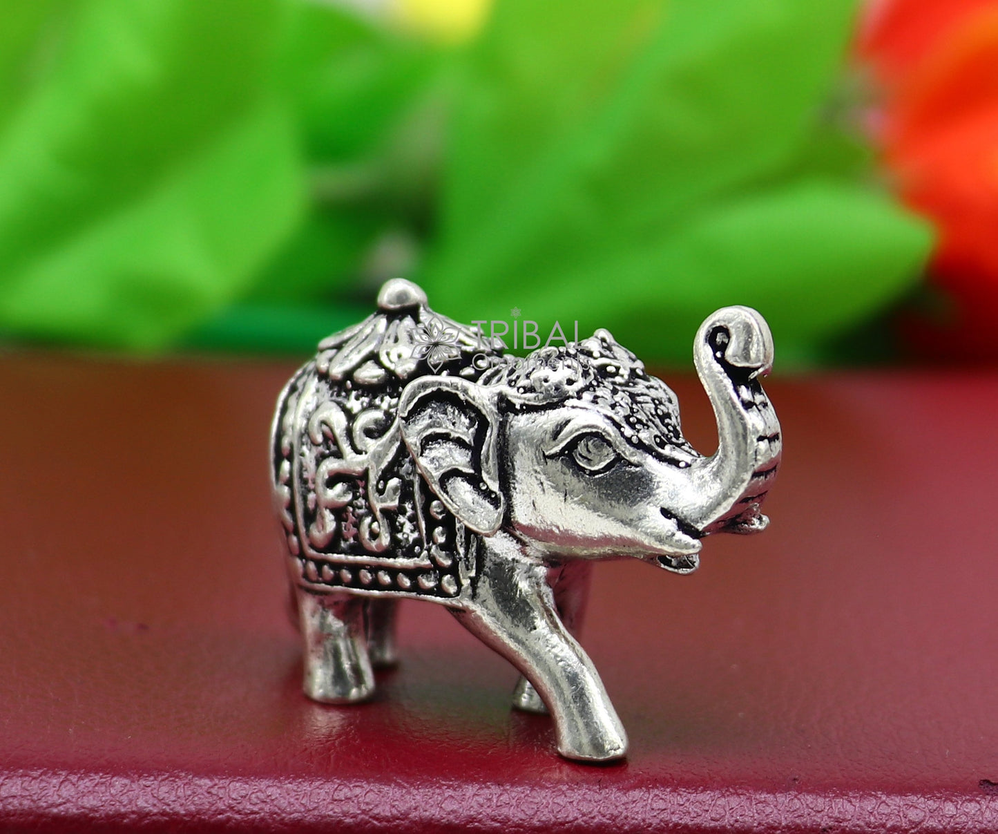 Fully solid 925 Sterling silver Kandrai work Nakshi design Elephant statue, puja article figurine for wealth and prosperity art605 - TRIBAL ORNAMENTS