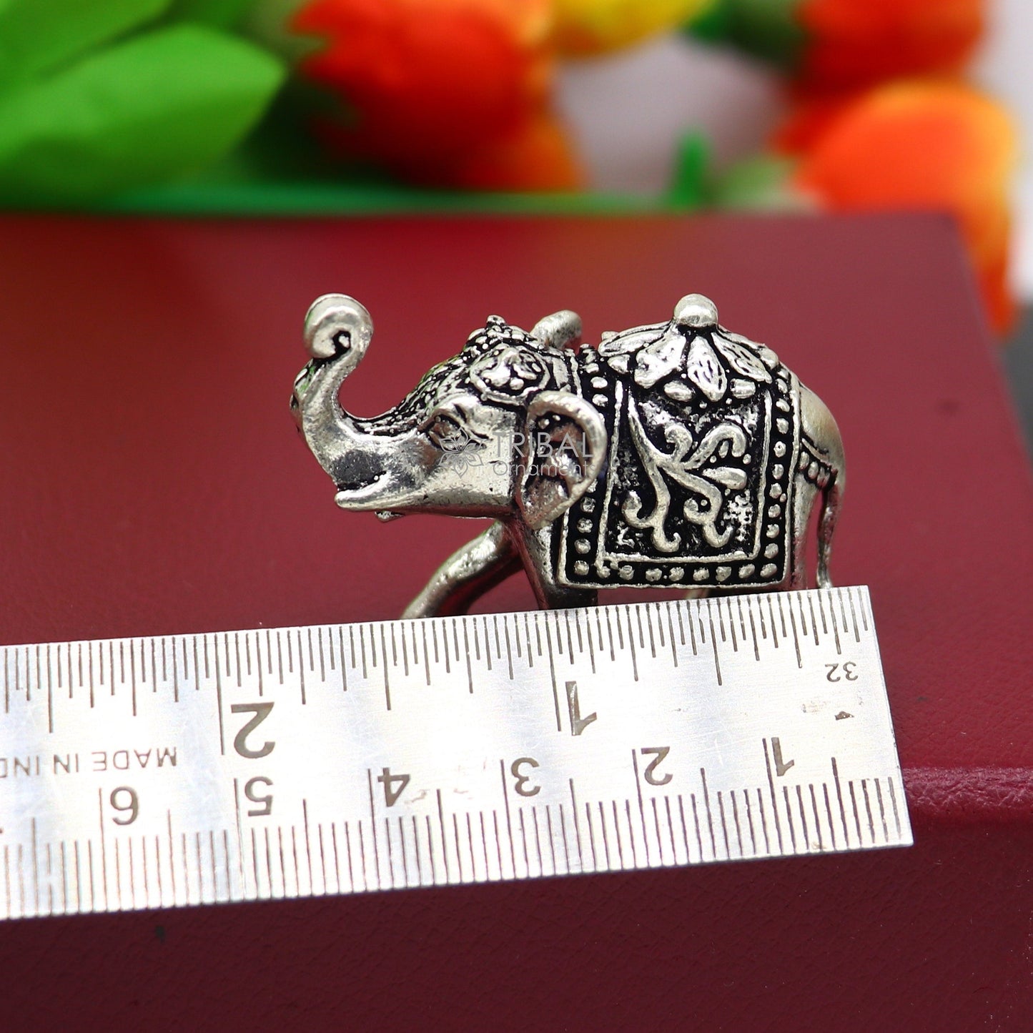 Fully solid 925 Sterling silver Kandrai work Nakshi design Elephant statue, puja article figurine for wealth and prosperity art605 - TRIBAL ORNAMENTS