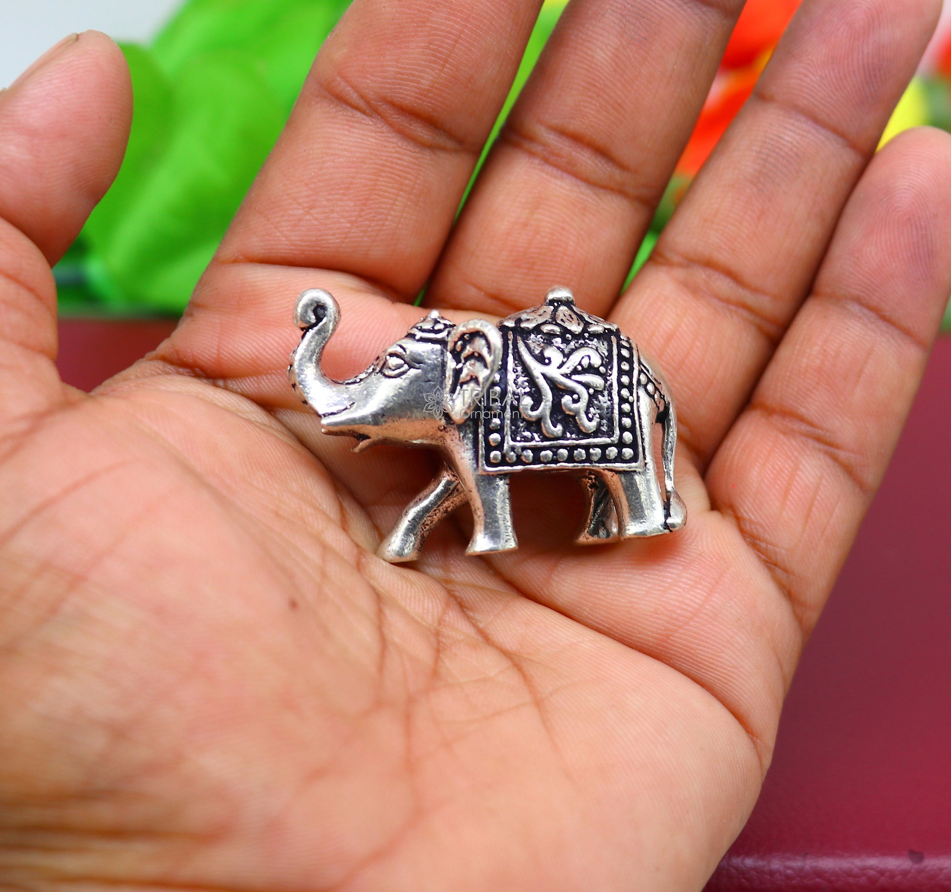 Fully solid 925 Sterling silver Kandrai work Nakshi design Elephant statue, puja article figurine for wealth and prosperity art605 - TRIBAL ORNAMENTS