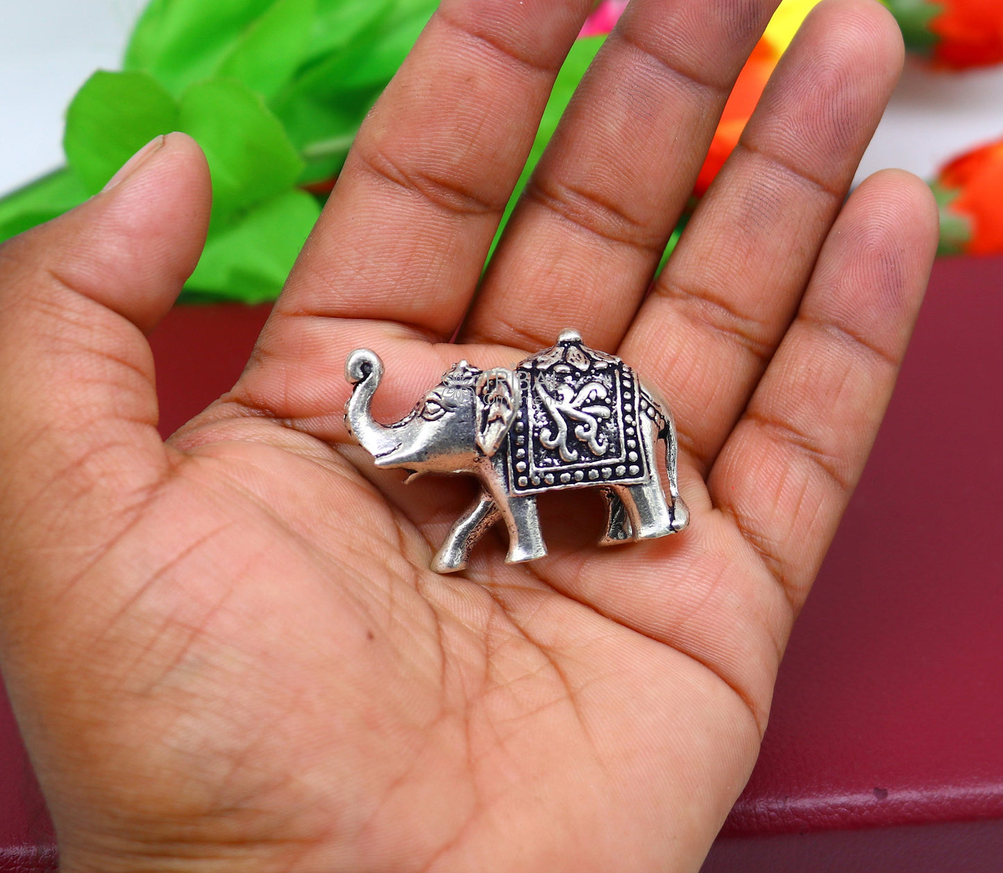 Fully solid 925 Sterling silver Kandrai work Nakshi design Elephant statue, puja article figurine for wealth and prosperity art605 - TRIBAL ORNAMENTS
