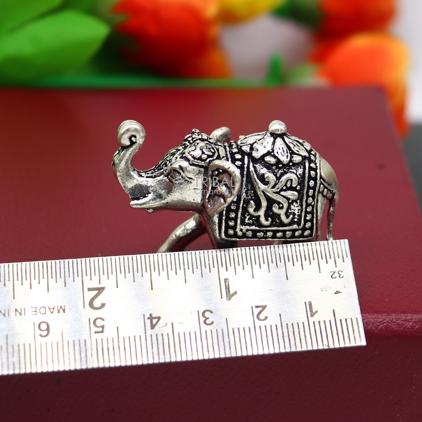 Fully solid 925 Sterling silver Kandrai work Nakshi design Elephant statue, puja article figurine for wealth and prosperity art606 - TRIBAL ORNAMENTS