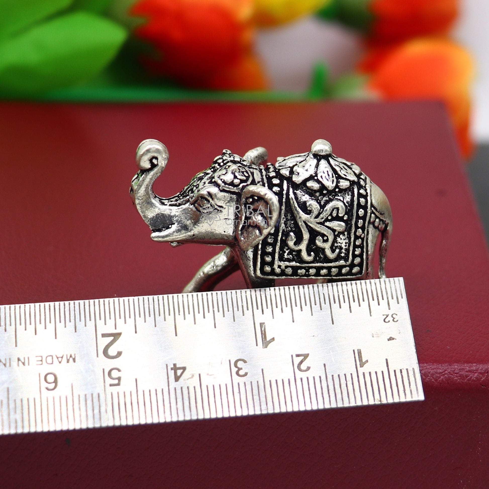 Fully solid 925 Sterling silver Kandrai work Nakshi design Elephant statue, puja article figurine for wealth and prosperity art606 - TRIBAL ORNAMENTS