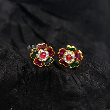 Genuine 14k yellow gold handmade fabulous cubic zircon stone excellent antique vintage flower design stud earrings pair unisex jewelry er171 - TRIBAL ORNAMENTS