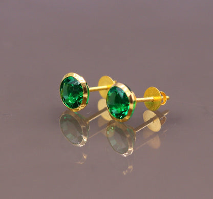 Genuine 18k yellow gold handmade fabulous green stone excellent antique vintage design stud earrings pair unisex jewelry er86 - TRIBAL ORNAMENTS