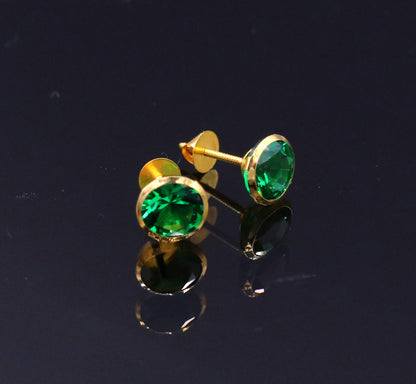 Genuine 18k yellow gold handmade fabulous green stone excellent antique vintage design stud earrings pair unisex jewelry er86 - TRIBAL ORNAMENTS