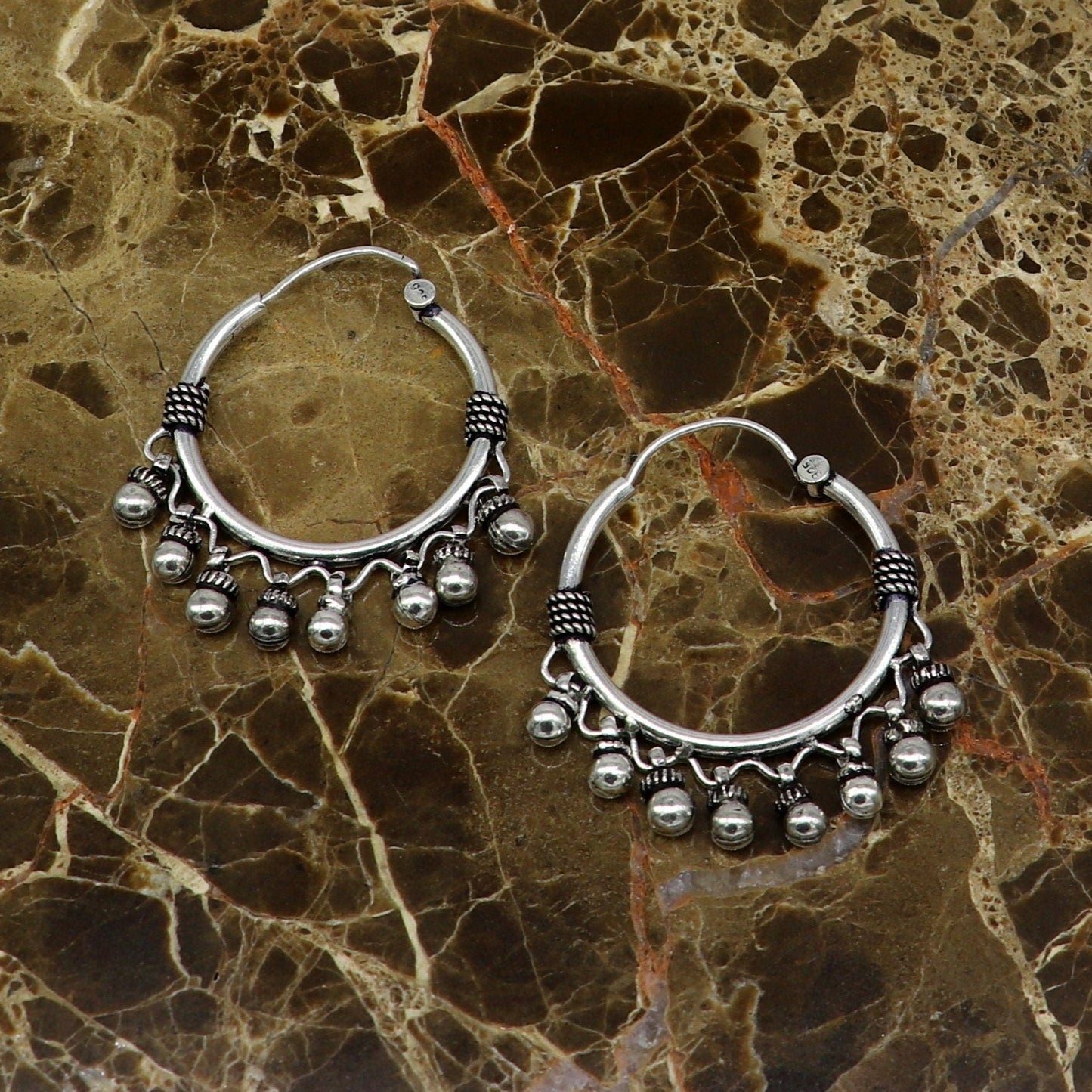 Genuine 925 Sterling silver handmade fabulous hoops earrings with hanging bells amazing antique earrings jewelry for girl's ear545 - TRIBAL ORNAMENTS